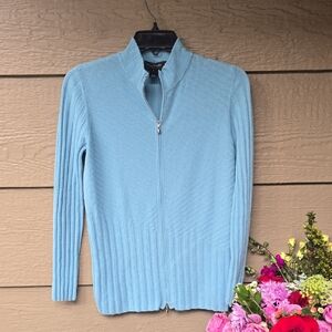 St John Aqua Ribbed Mock Neck Cardigan Lightweight Small S